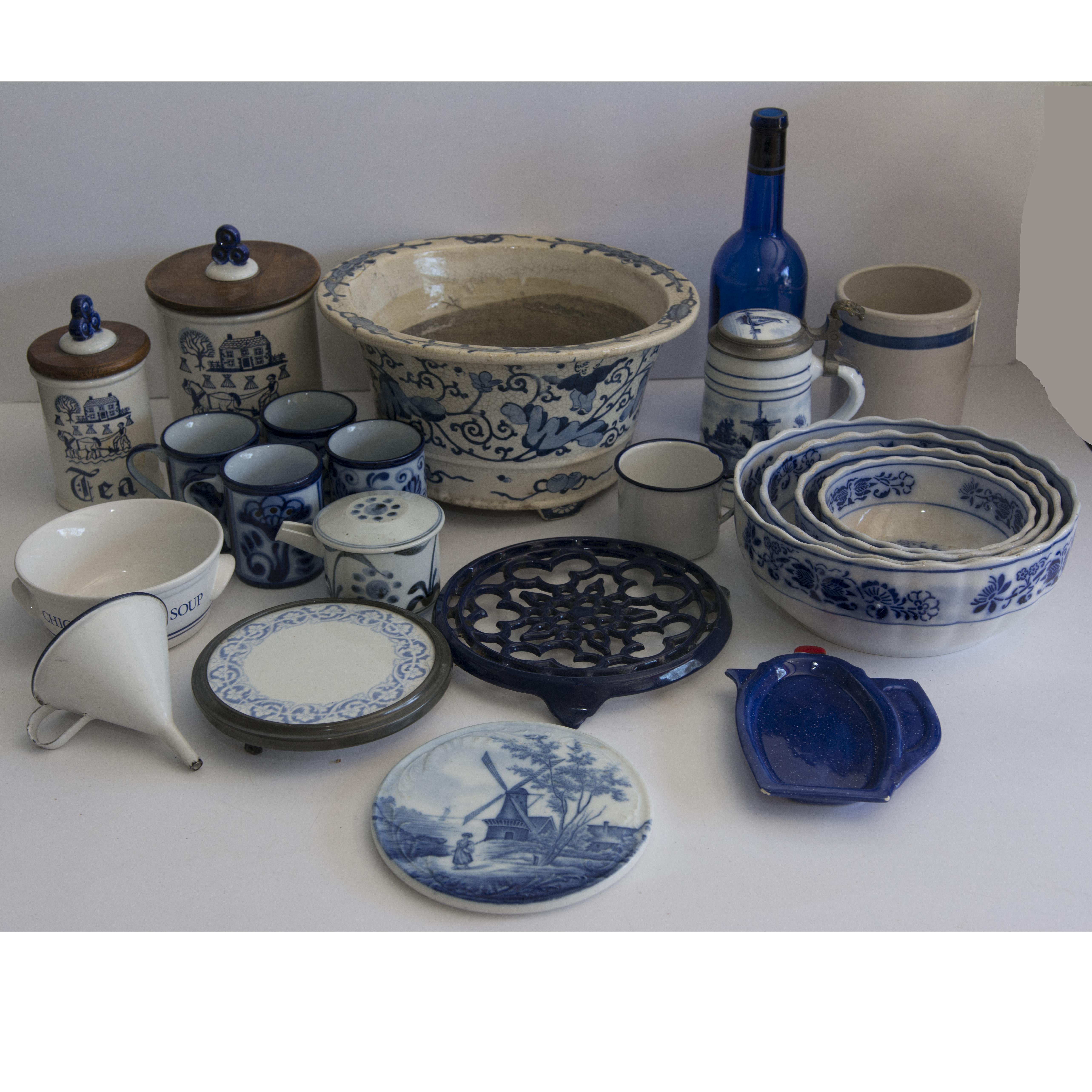 Assortment of Blue and White Kitchen Items