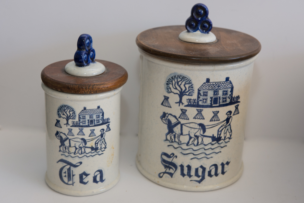 Assortment of Blue and White Kitchen Items