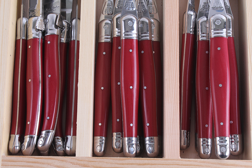 Laguiole Everyday Flatware Set with Red Acrylic Handles by Jean Dubost