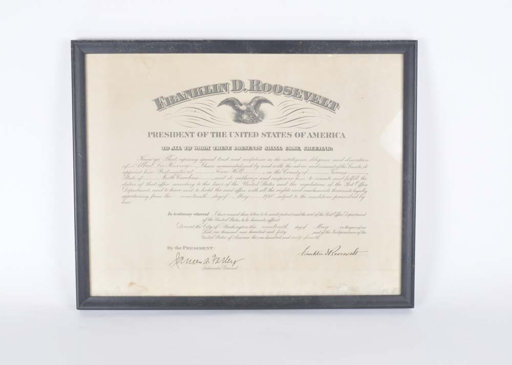 Postmaster Appointment Certificate Signed by Franklin D. Roosevelt