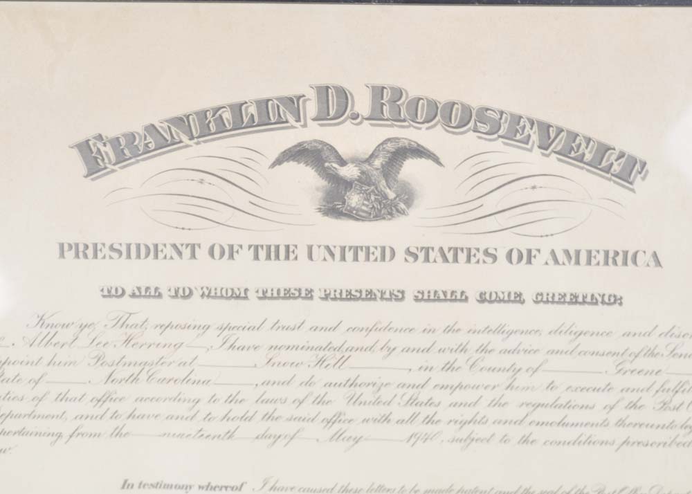 Postmaster Appointment Certificate Signed by Franklin D. Roosevelt