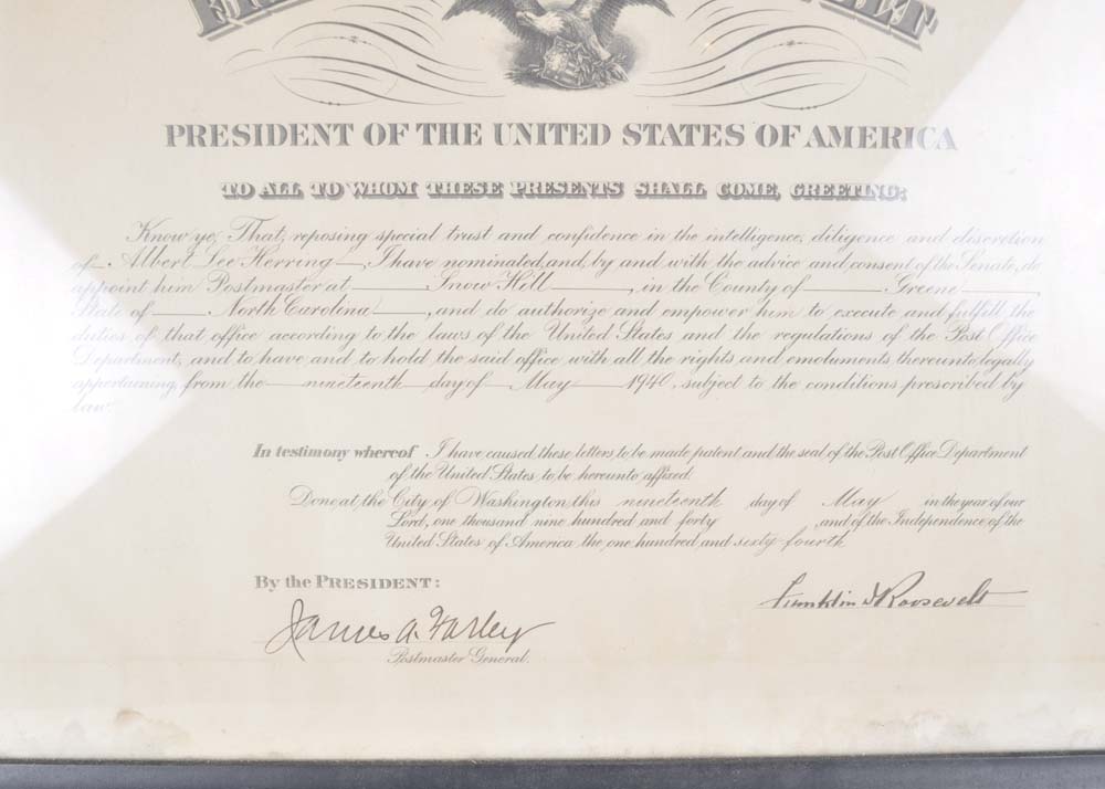 Postmaster Appointment Certificate Signed by Franklin D. Roosevelt