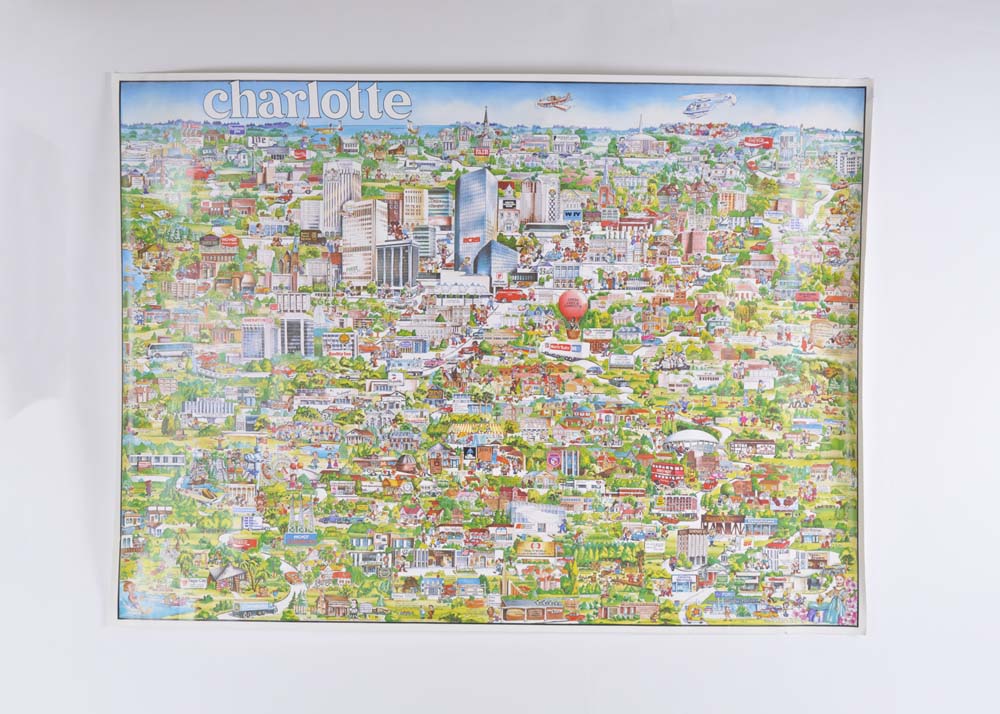 Vintage 1970s Illustrated Map of Charlotte, North Carolina