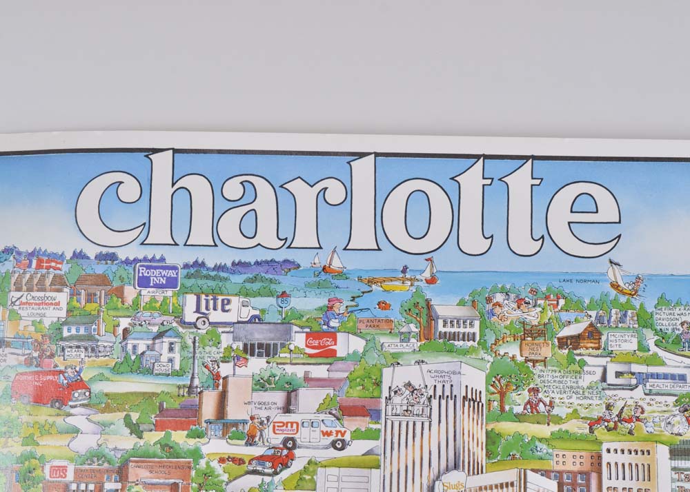 Vintage 1970s Illustrated Map of Charlotte, North Carolina