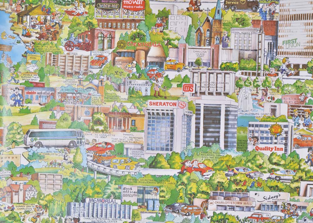 Vintage 1970s Illustrated Map of Charlotte, North Carolina