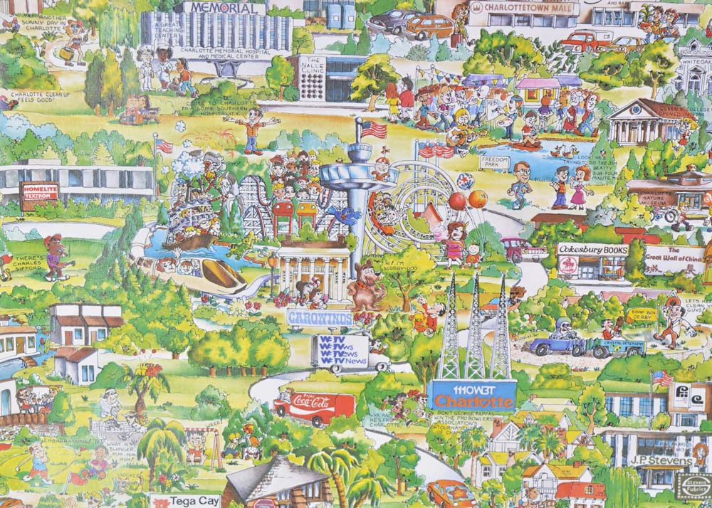 Vintage 1970s Illustrated Map of Charlotte, North Carolina
