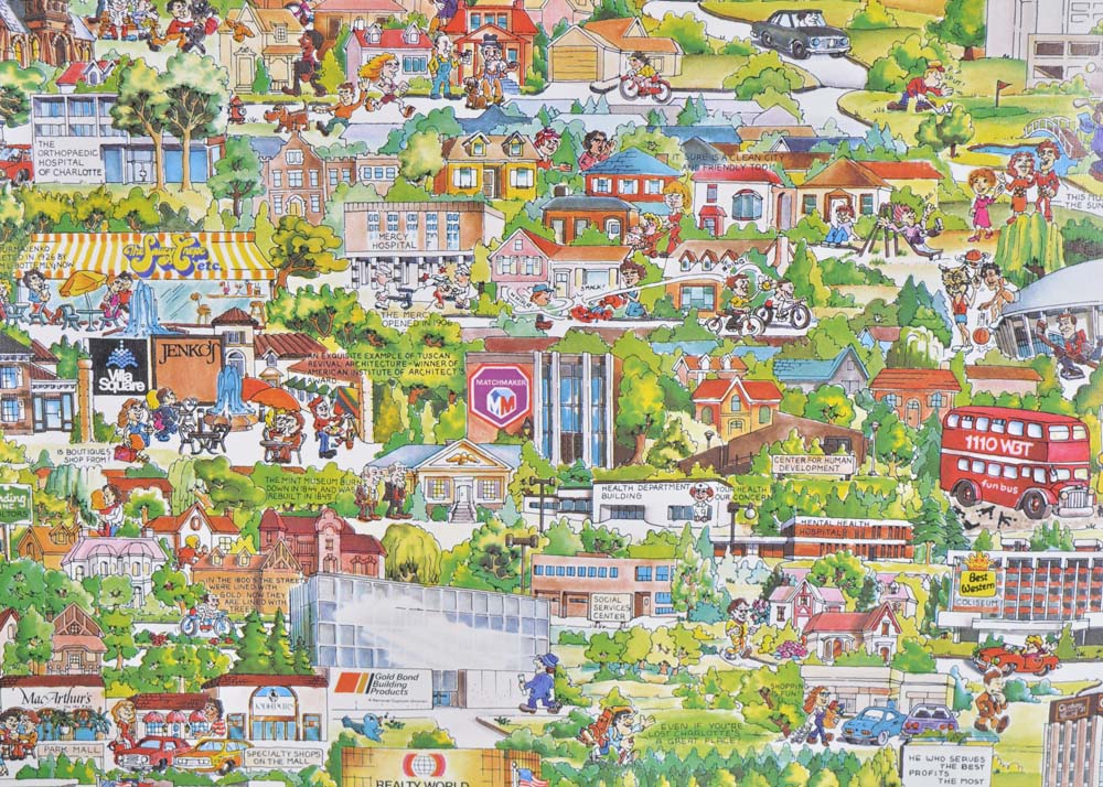 Vintage 1970s Illustrated Map of Charlotte, North Carolina