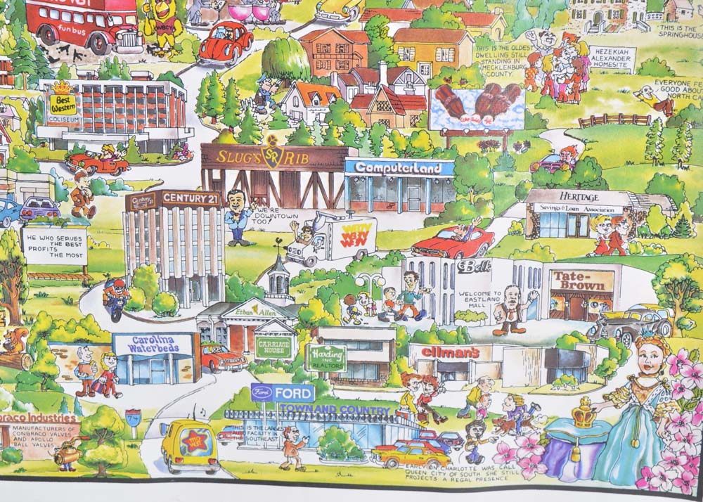 Vintage 1970s Illustrated Map of Charlotte, North Carolina
