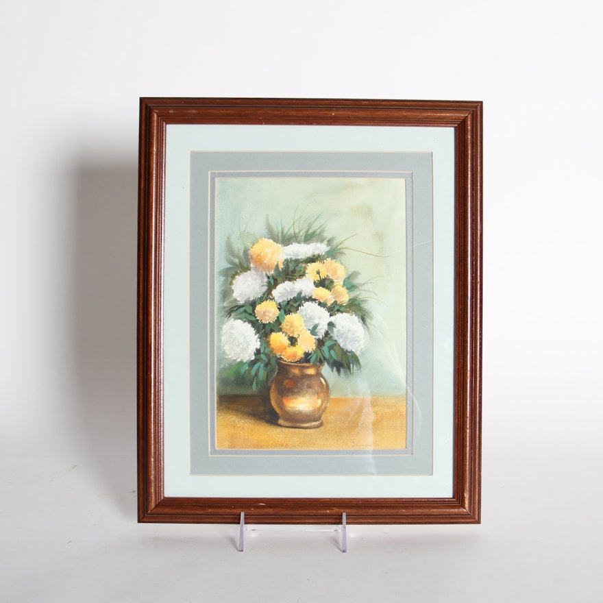 Signed, Framed Floral Still Life Watercolor By Sam Tuminello