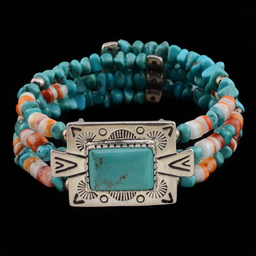 Southwestern Sterling, Turquoise and Shell Cuff Bracelet by Relios Jewelry