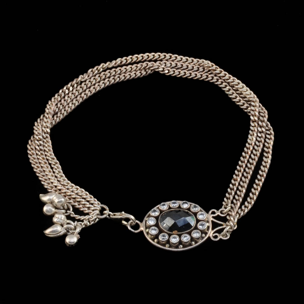 Sterling, CZ Crystal and Synthetic Hematite Ankle Bracelet