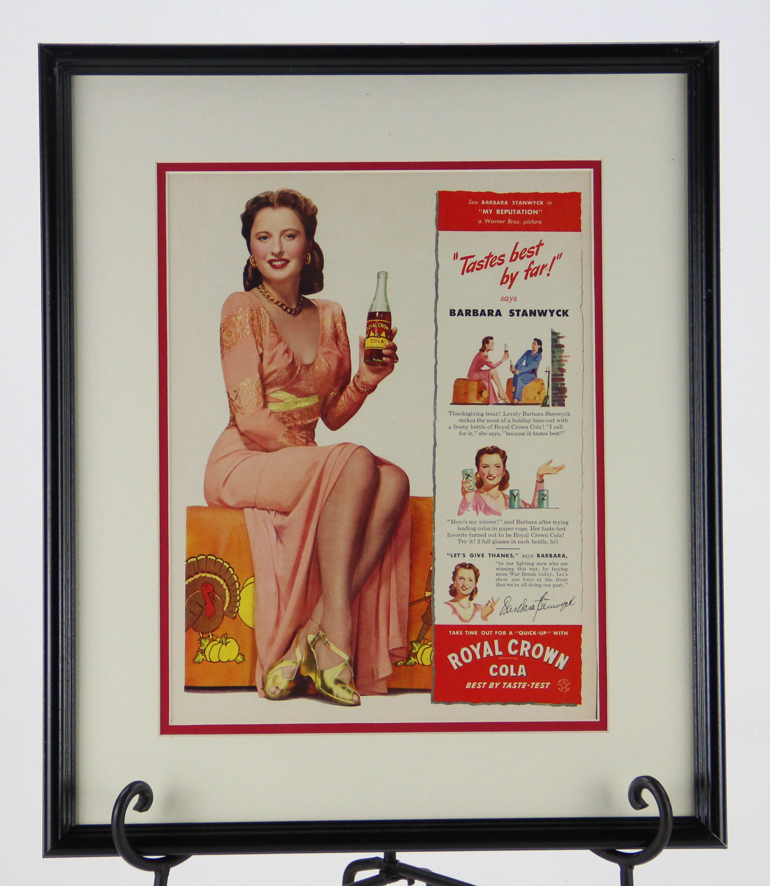 Original 1944 Magazine Advertisement for Royal Crown Cola with Barbara Stanwyck