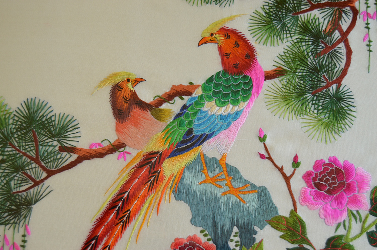 Framed Chinese Embroidered Textile, Signed