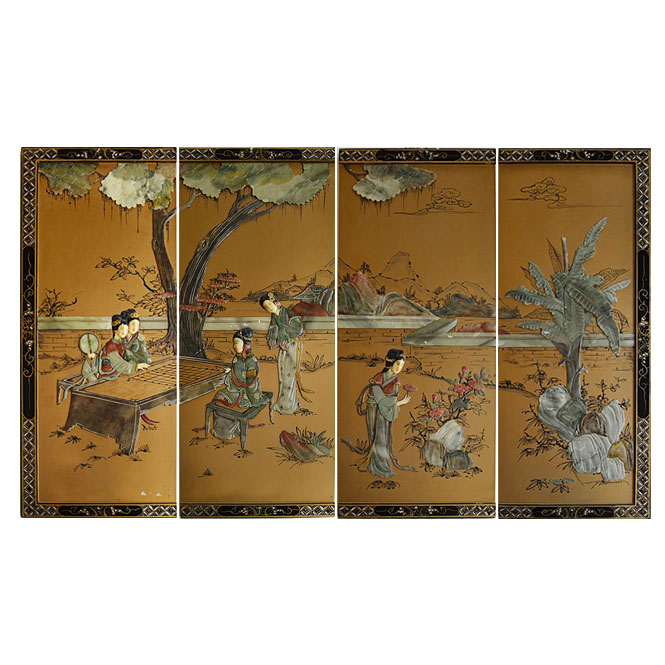 Chinese Four-Panel Screen with Jade Appliques
