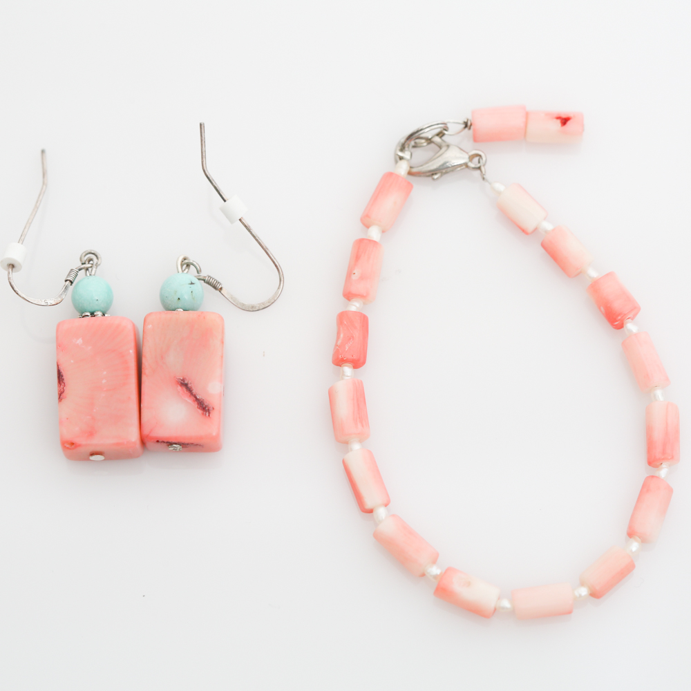 Coral, Blister Pearl, and Turquoise Earrings and Bracelet
