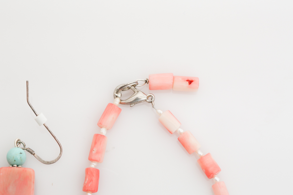 Coral, Blister Pearl, and Turquoise Earrings and Bracelet