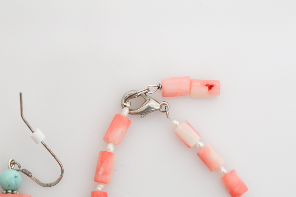 Coral, Blister Pearl, and Turquoise Earrings and Bracelet