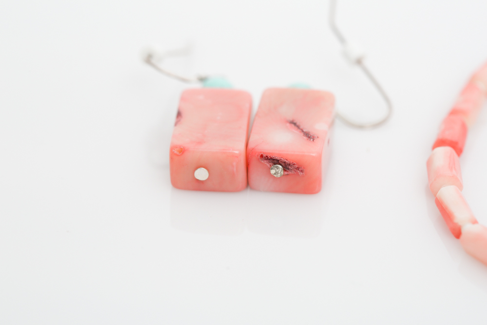 Coral, Blister Pearl, and Turquoise Earrings and Bracelet