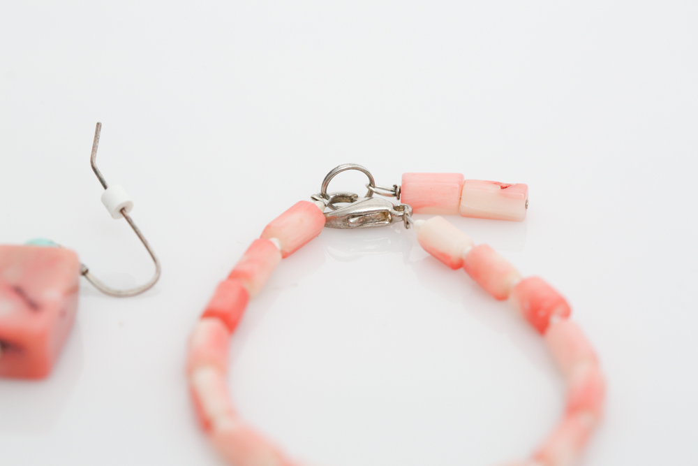 Coral, Blister Pearl, and Turquoise Earrings and Bracelet