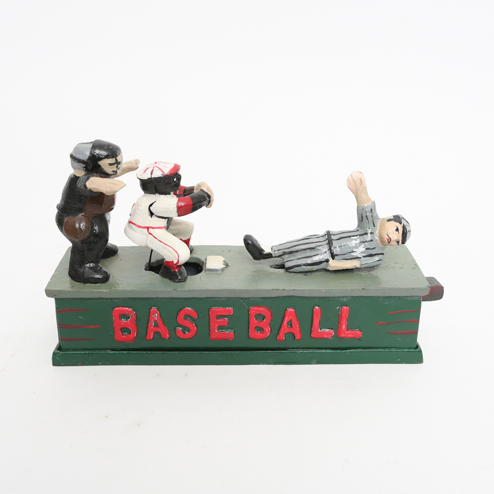 Rare Vintage Cast Iron Mechanical Baseball Bank