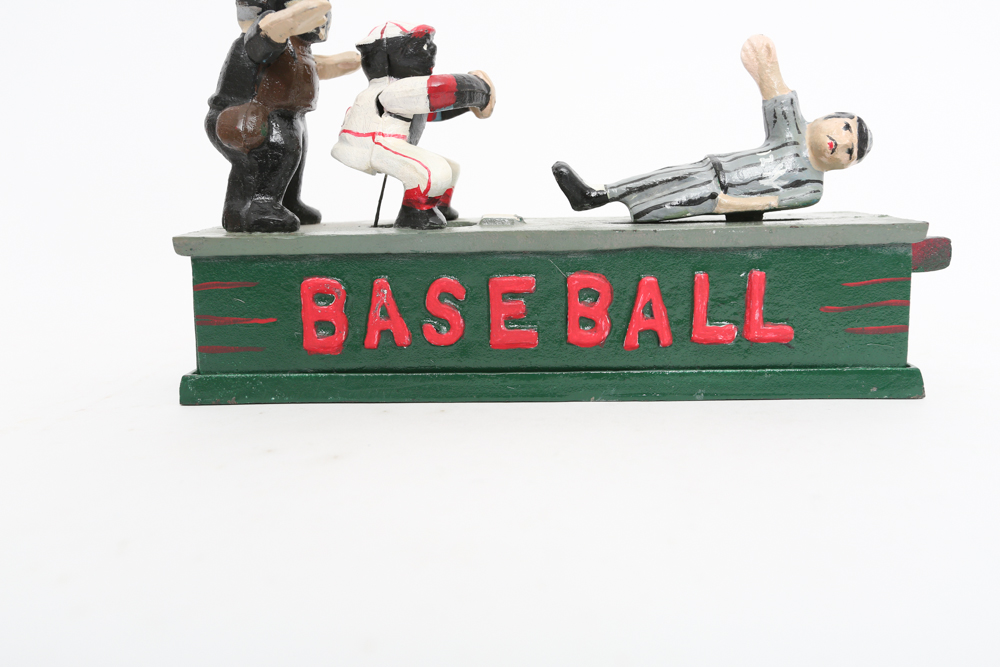 Rare Vintage Cast Iron Mechanical Baseball Bank