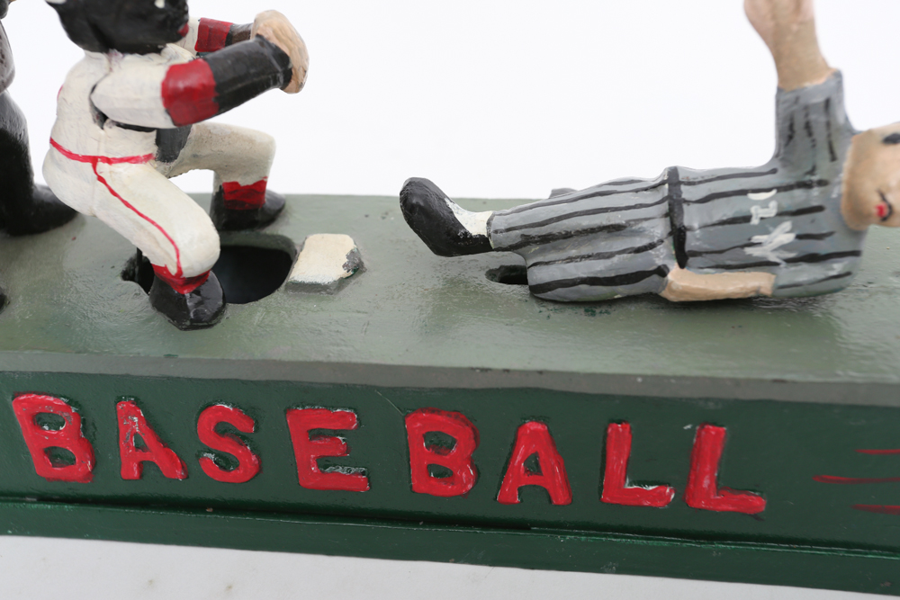 Rare Vintage Cast Iron Mechanical Baseball Bank