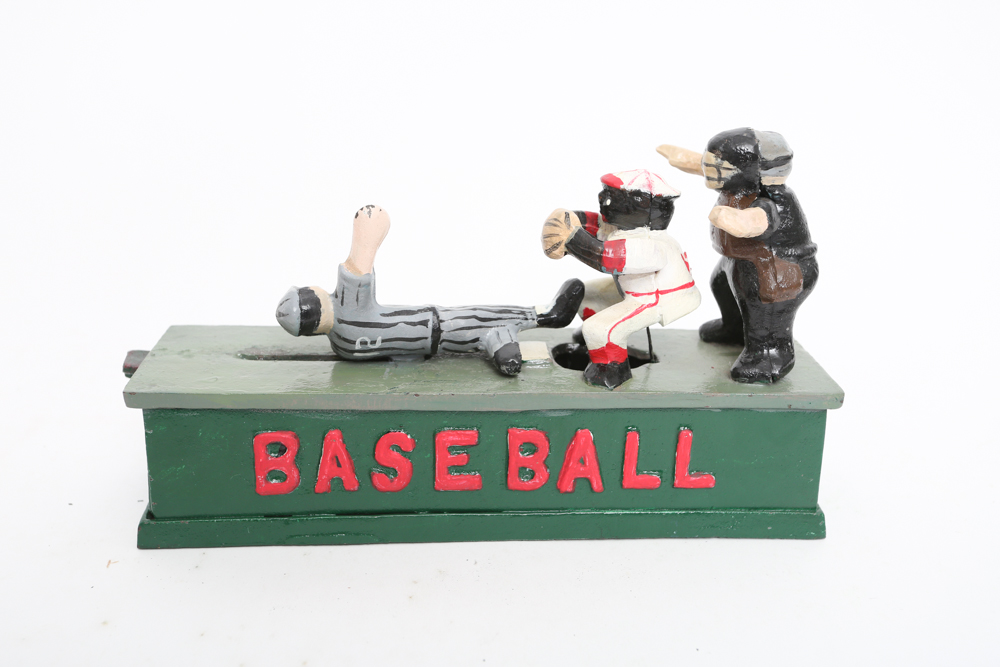 Rare Vintage Cast Iron Mechanical Baseball Bank
