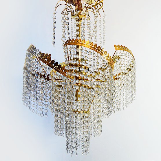 Ornate Crystal and Brass Waterfall Chandelier