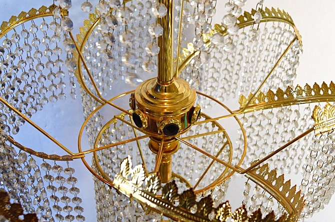 Ornate Crystal and Brass Waterfall Chandelier