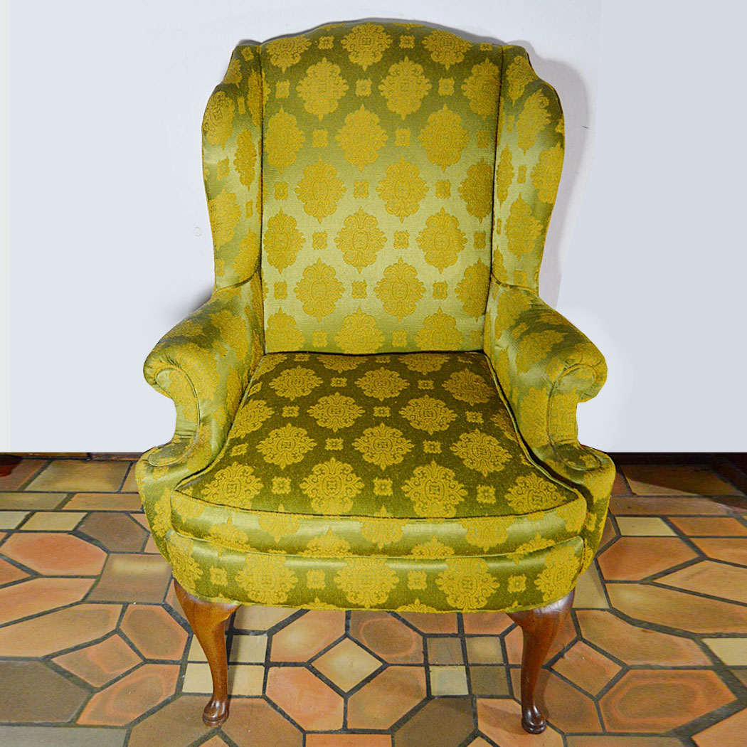 Queen Anne Style Wingback Chair with Chinoiserie Silk Upholstery