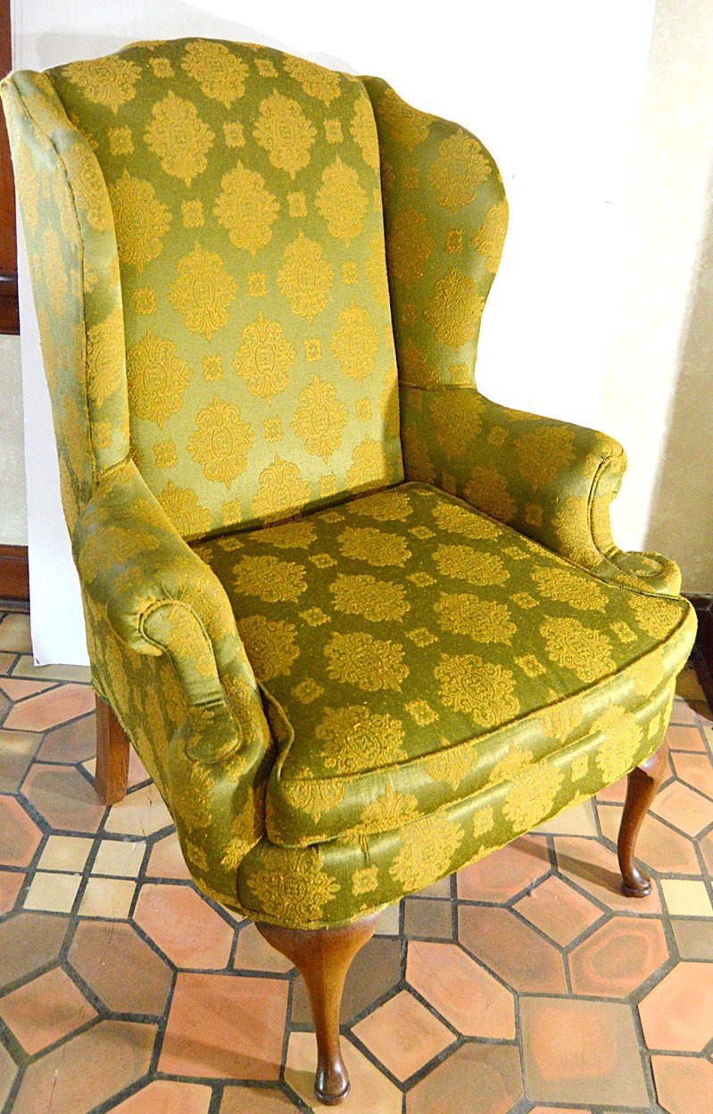 Queen Anne Style Wingback Chair with Chinoiserie Silk Upholstery