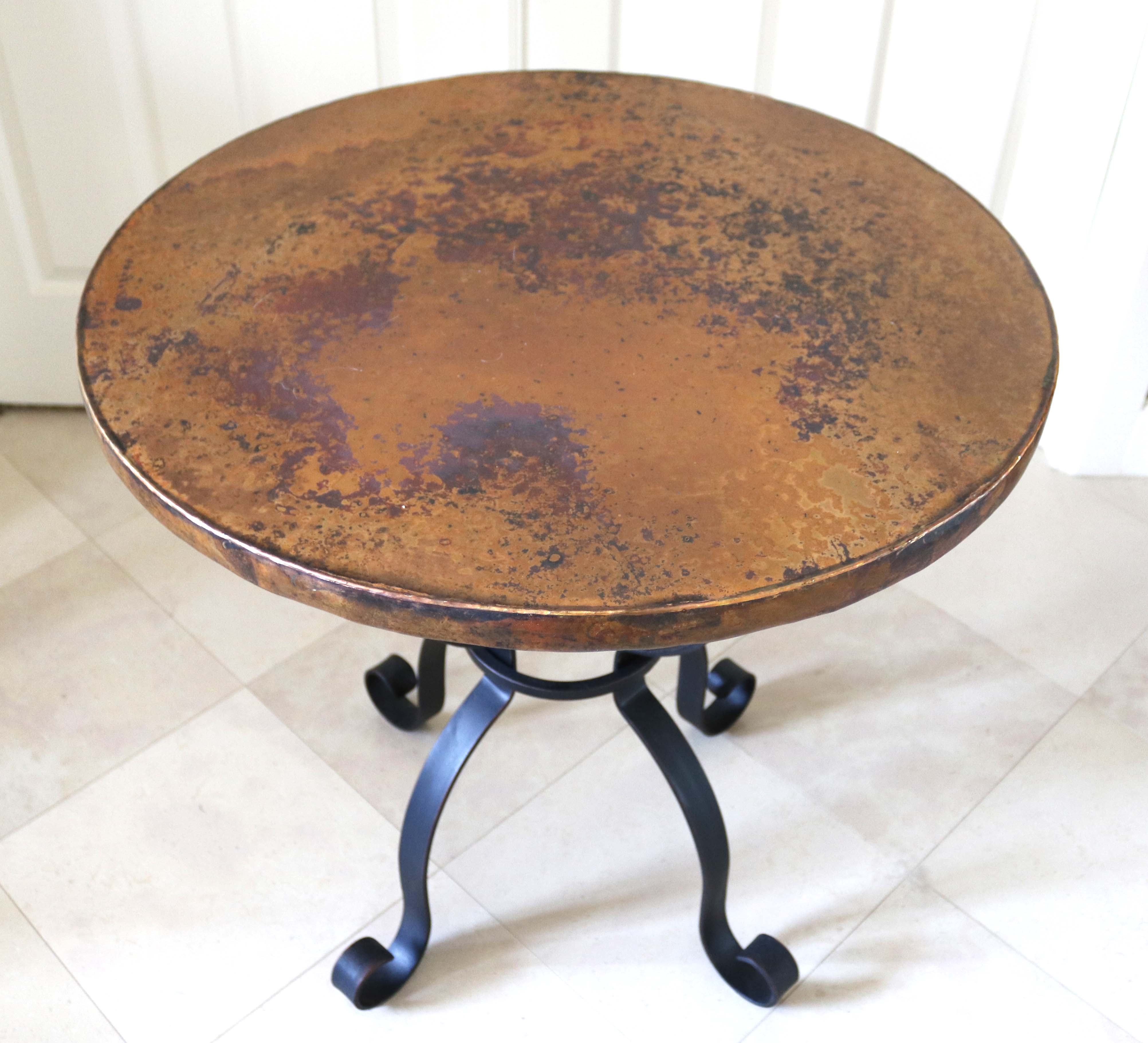 Side Table with Wrought Iron Base and Copper Wrapped Top