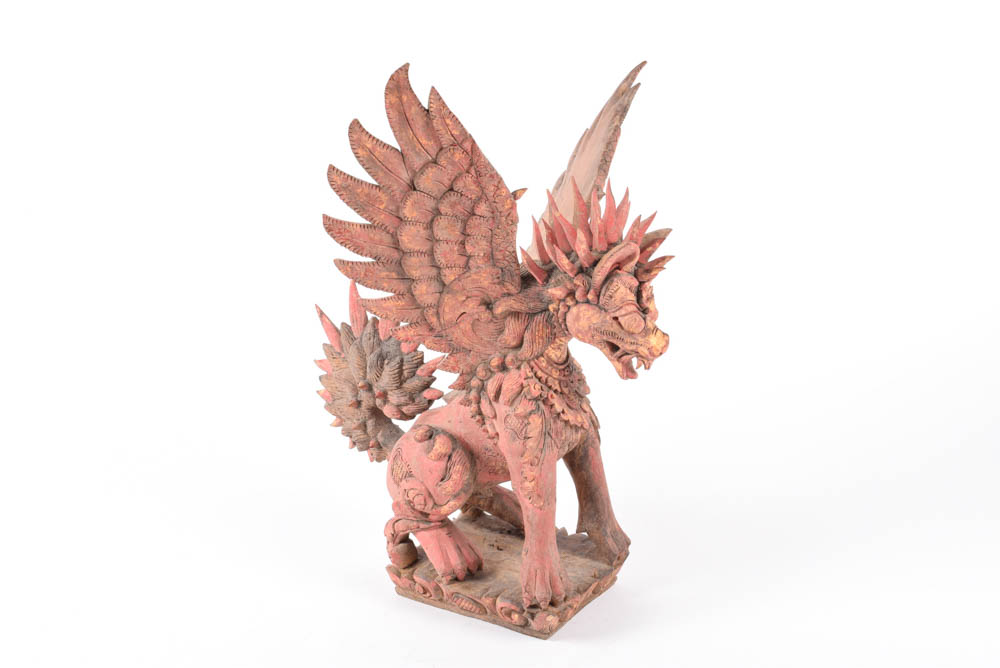 Asian Wooden Singha or Winged Lion Sculpture