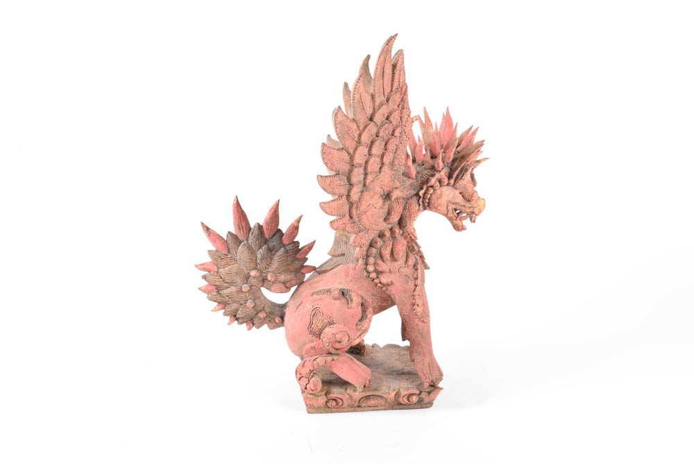 Asian Wooden Singha or Winged Lion Sculpture