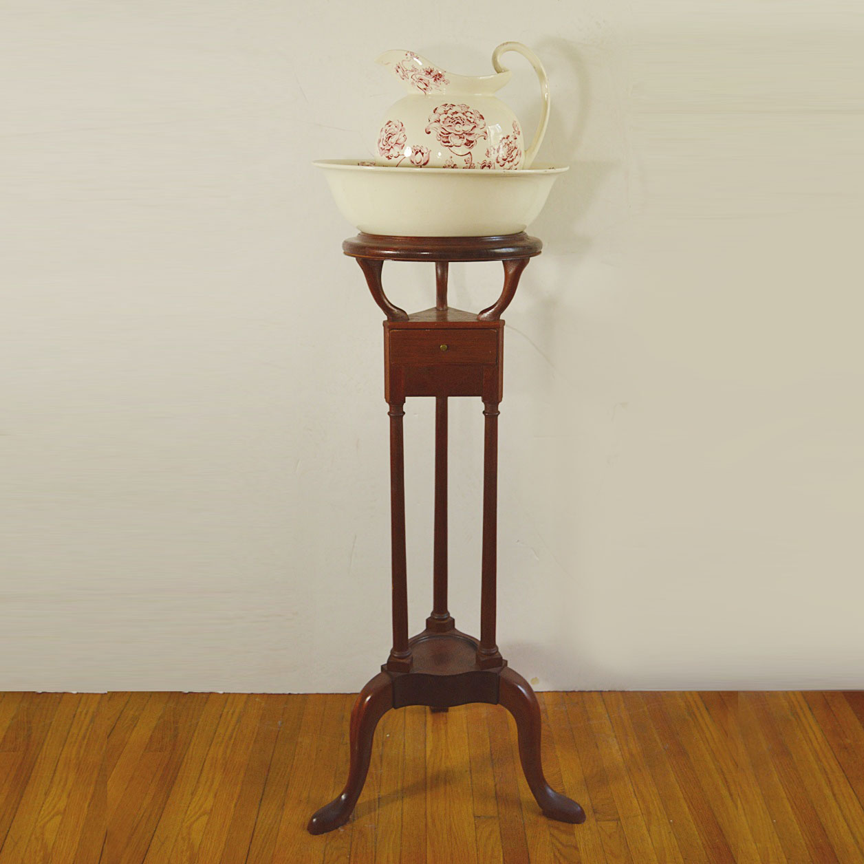 The Bartley Collection Queen Anne  Mahogany Stand with Vintage Pitcher and Bowl Set