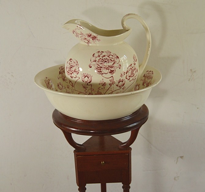 The Bartley Collection Queen Anne  Mahogany Stand with Vintage Pitcher and Bowl Set
