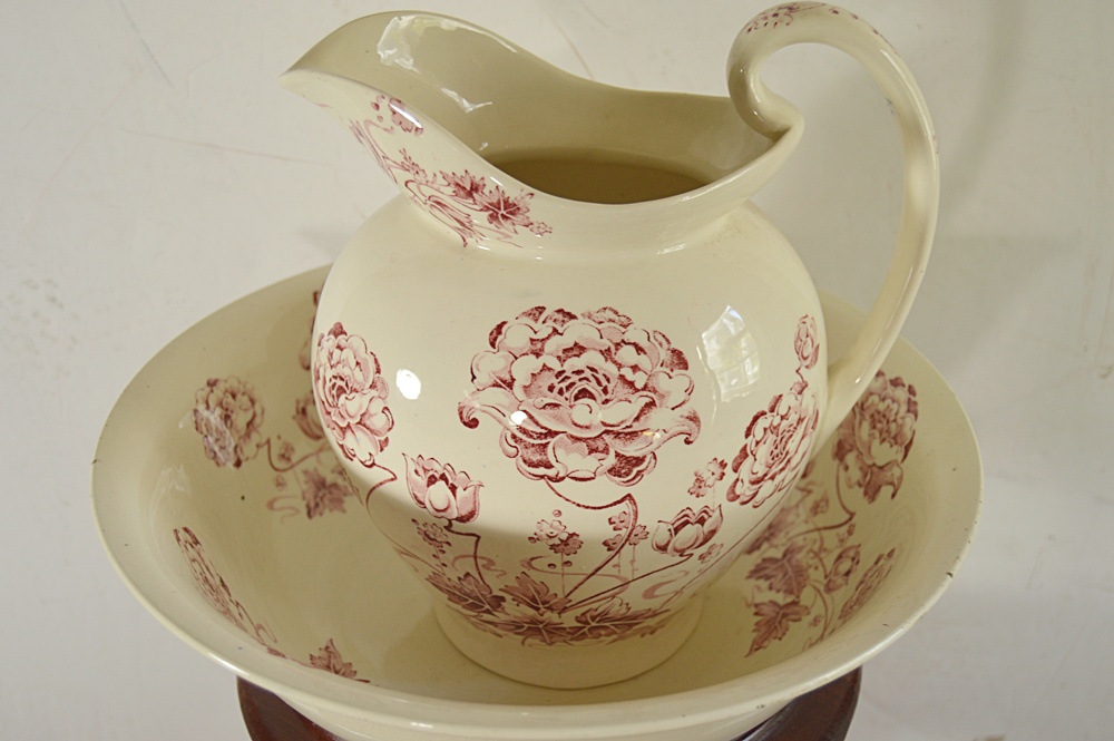 The Bartley Collection Queen Anne  Mahogany Stand with Vintage Pitcher and Bowl Set