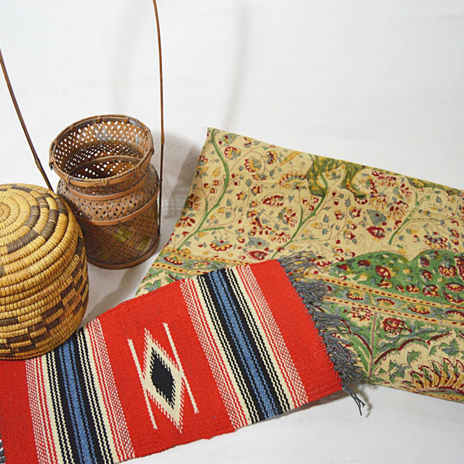 Indian Bedspread, Mexican Woven Rug and Baskets