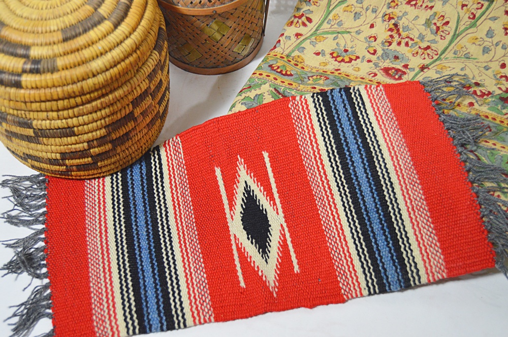 Indian Bedspread, Mexican Woven Rug and Baskets