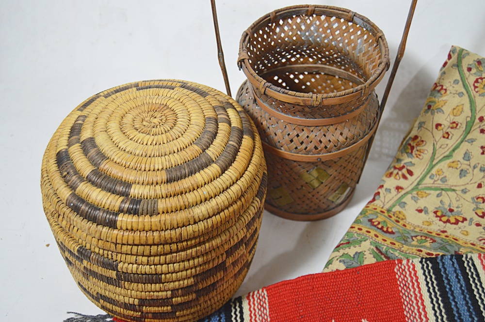 Indian Bedspread, Mexican Woven Rug and Baskets