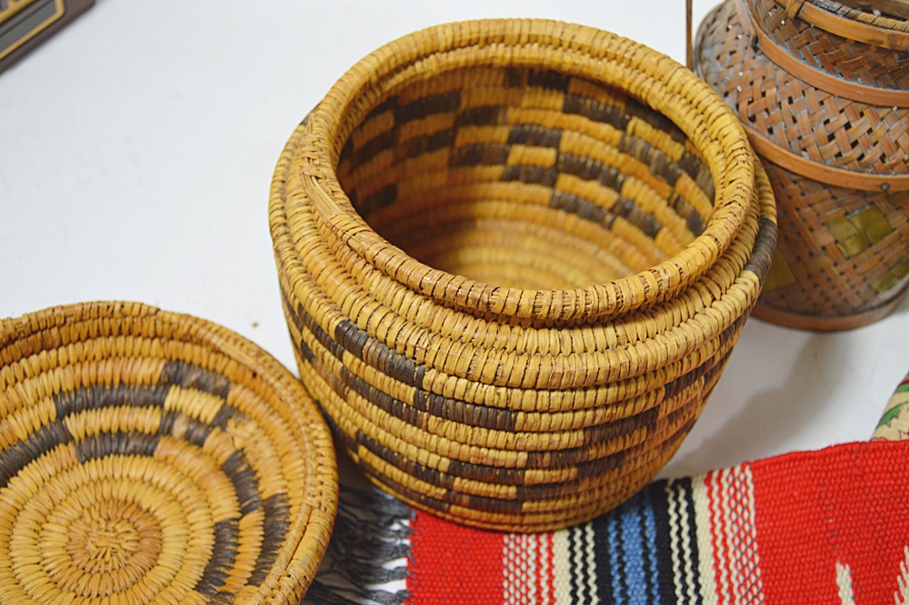 Indian Bedspread, Mexican Woven Rug and Baskets