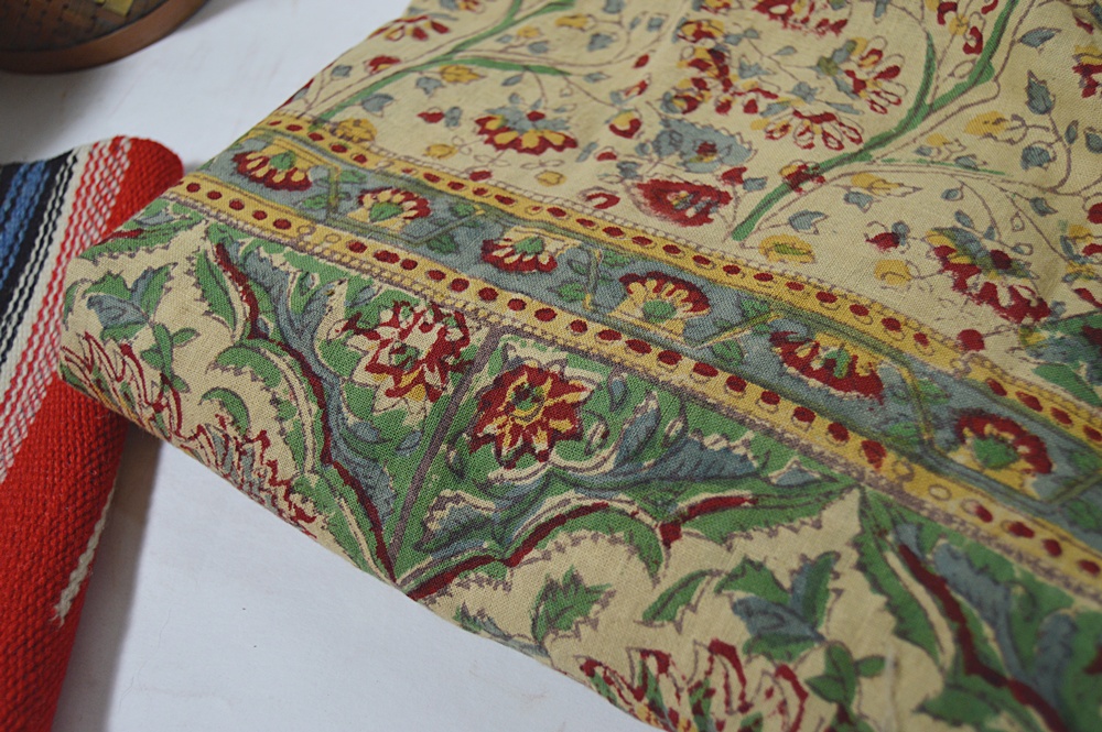 Indian Bedspread, Mexican Woven Rug and Baskets