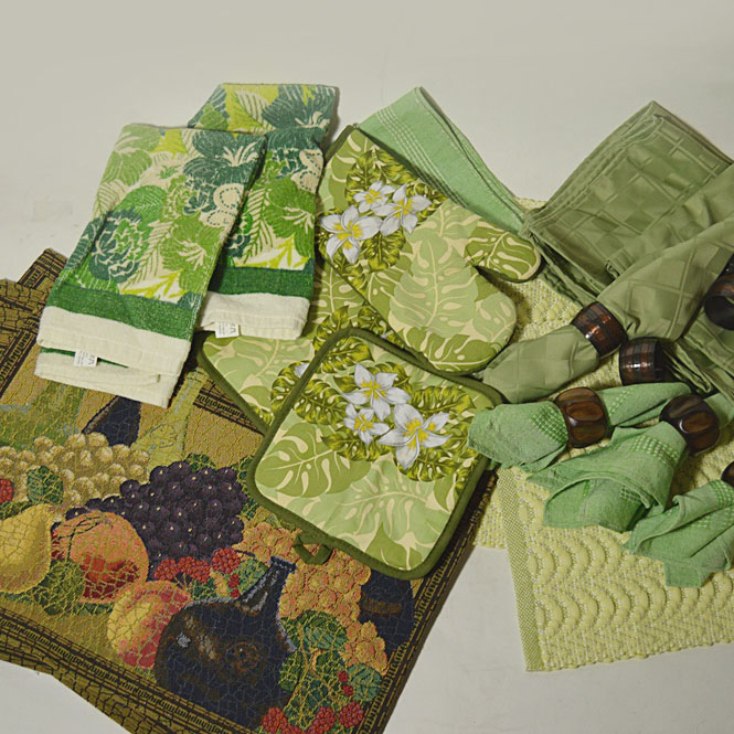 Kitchen Linens in Shades of Green with Handwoven Pieces