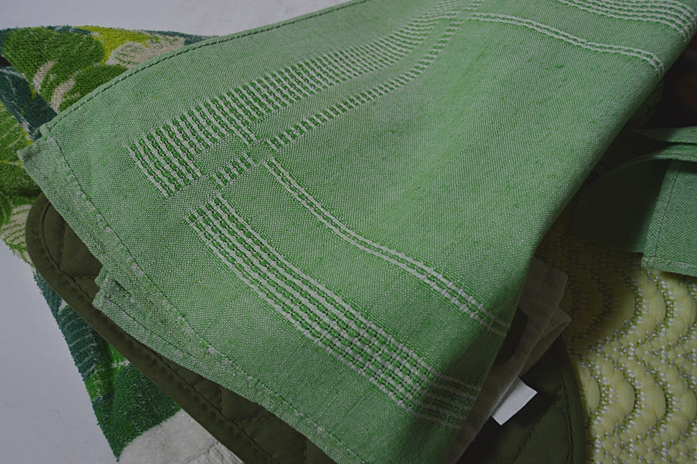 Kitchen Linens in Shades of Green with Handwoven Pieces