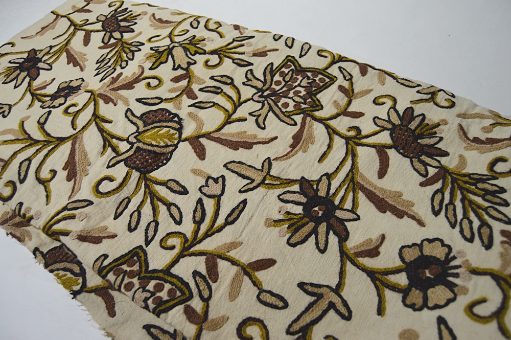 Hand Stitched Wool and Linen Crewel Textile