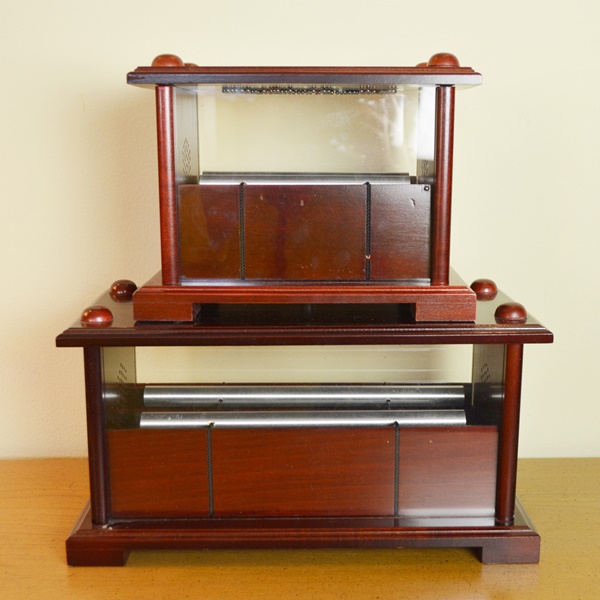 Two Cherry Wood Music Boxes With Falling Rain Chimes Bells