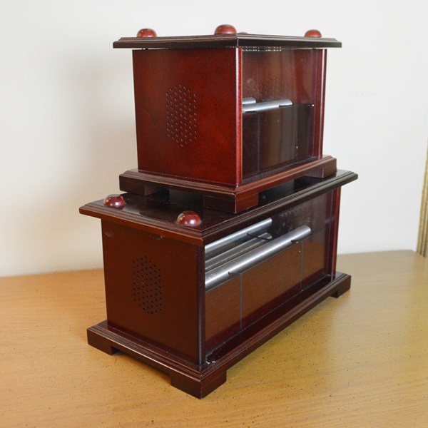 Two Cherry Wood Music Boxes With Falling Rain Chimes Bells