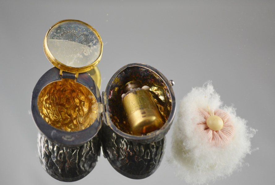 Antique Victorian Style Sterling Walnut-Shaped Locket With Puff and Perfume Vial