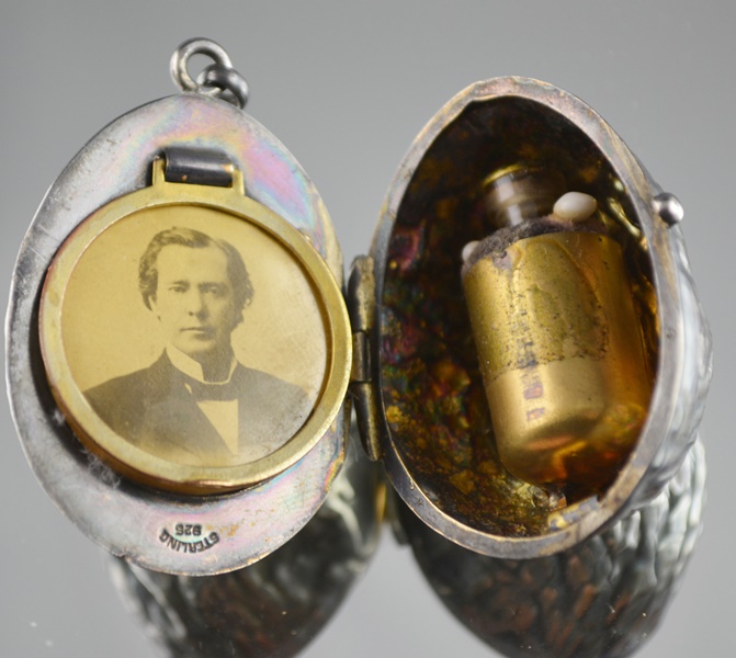 Antique Victorian Style Sterling Walnut-Shaped Locket With Puff and Perfume Vial