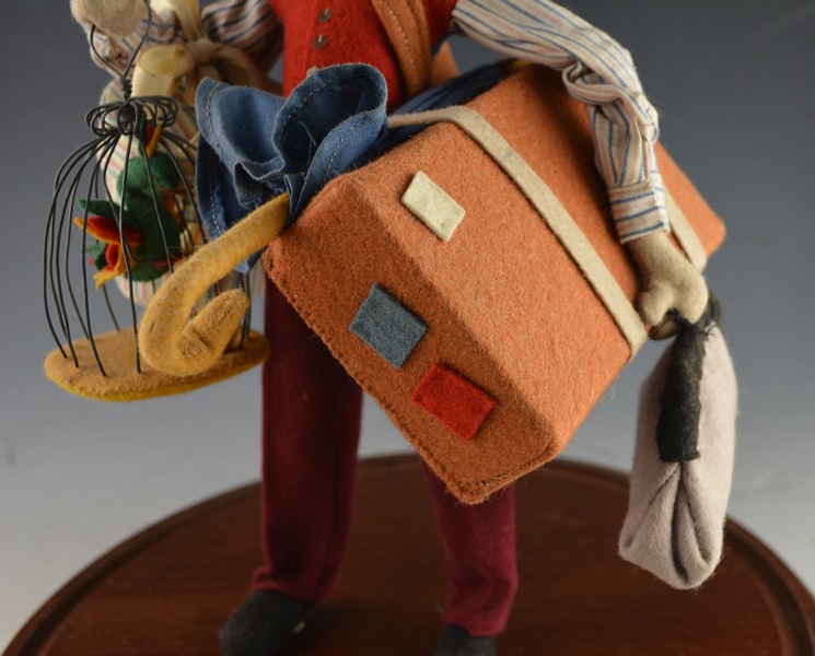 Cloth Traveler Figurine Under A Glass Cloche